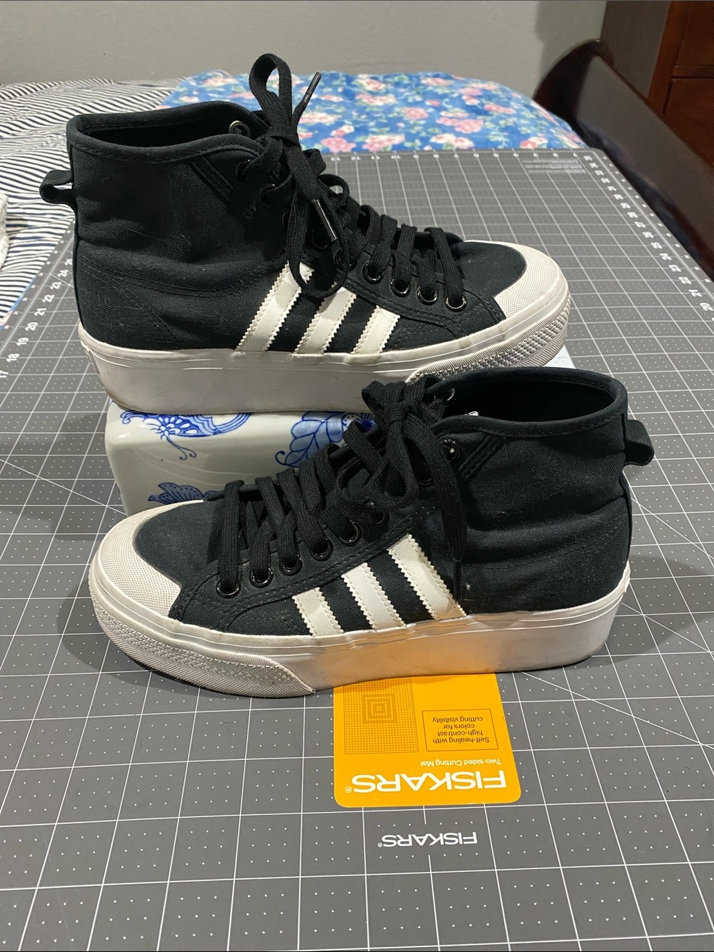 adidas Black High-Top Canvas Sneakers with White Stripes and Toe Cap